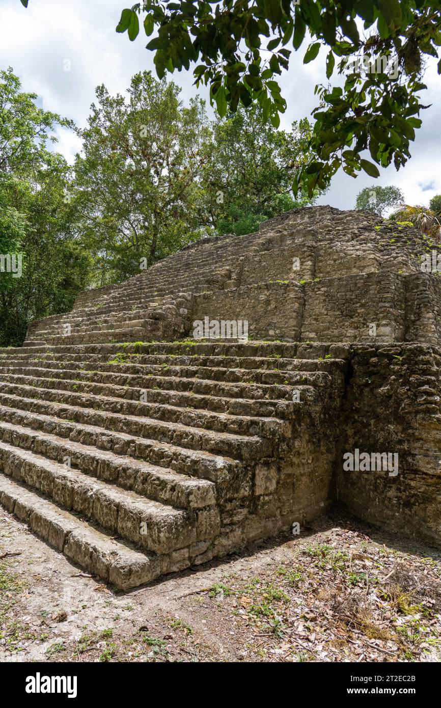 Struktur 4 der Malergruppe oder Plaza der Schatten in den Maya-Ruinen im Yaxha-Nakun-Naranjo Nationalpark, Guatemala. Stockfoto