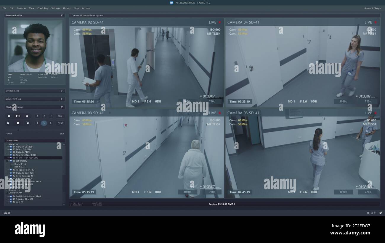 Wiedergabe von CCTV-Kameras im modernen Krankenhaus auf dem Computerbildschirm. Benutzeroberfläche von Überwachungsprogramm und KI-Gesichtserkennungstechnologie. Aufnahmen von Sicherheitskameras. Identifikationskonzept. Stockfoto