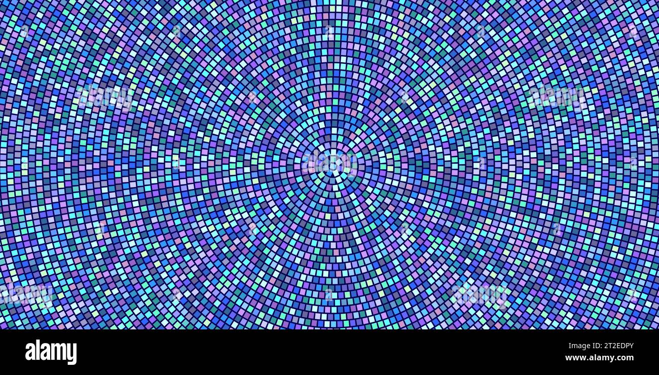 Farbenfrohes Radialmosaik in Blau- und Violetttönen aus quadratischen Fliesen. Abstrakter Vektorhintergrund. Gepflasterte Fläche oder Fliesen für den Schwimmbadboden und Stock Vektor