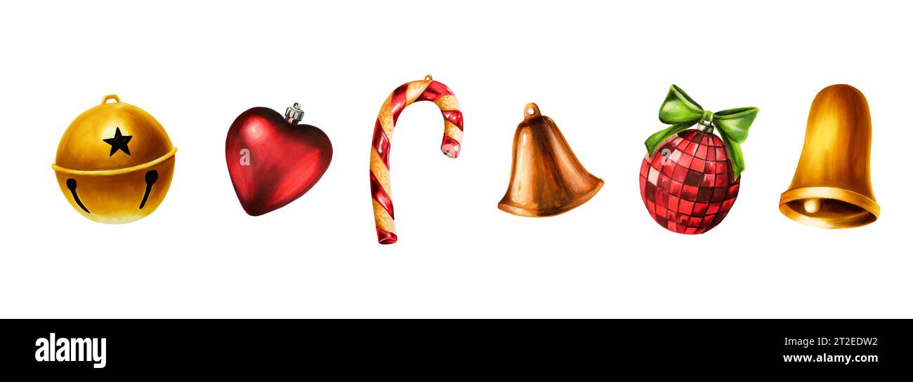 Aquarell-weihnachtskugeln, Spielzeug und goldene Glocken Illustrationen. Silvester handgemaltes Symbol isoliert auf weißem Hintergrund. Für Konstrukteure Stockfoto