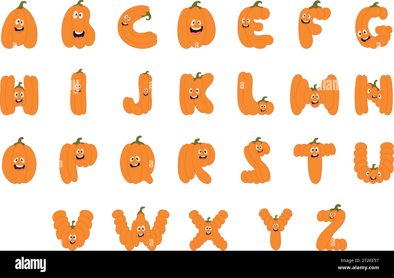 Süße Halloween Buchstaben Kürbis Zeichen. Lustiger dekorativer Schriftzug für Kinder. Für T-Shirt, Kinderzimmer Dekoration, Babydusche, Grußkarte Stock Vektor