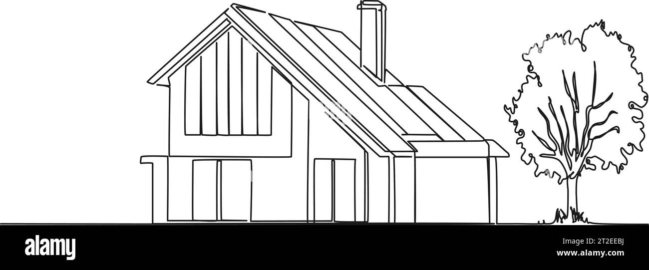 Ununterbrochene einzeilige Zeichnung des modernen Einfamilienhauses, Wohnhauslinie Kunstvektorillustration Stock Vektor