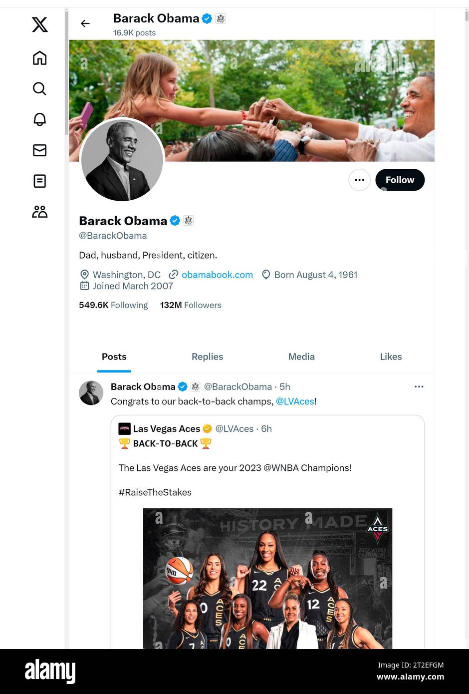 Screenshot von Barak Obamas Social-Media-Konto „X“ (früher Twitter). Oktober 2023 Stockfoto