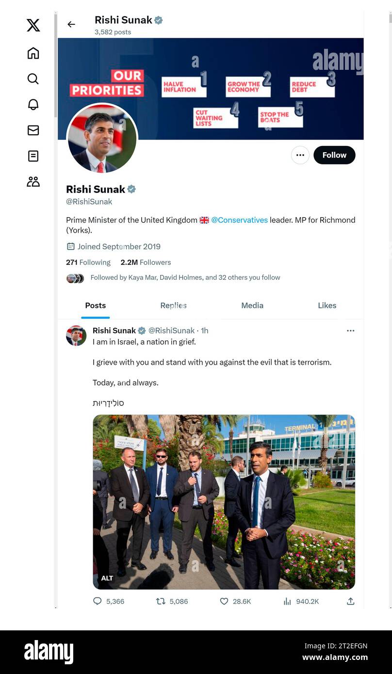 Screenshot des Social Media-Kontos „X“ des britischen Premierministers Rishi Sunak (ehemals Twitter). Oktober 2023 Stockfoto