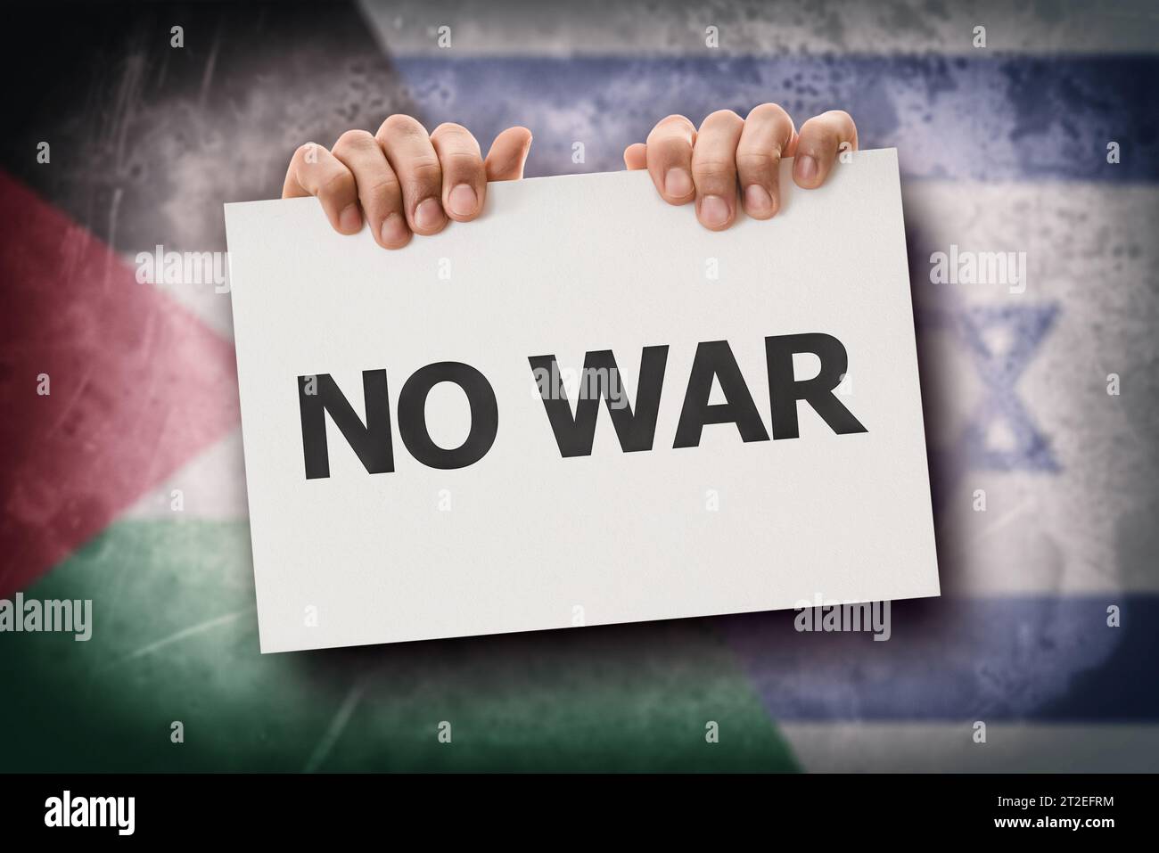 Konzept des Protestes gegen den Krieg zwischen Palästina und Israel mit Händen, die ein Schild mit Text und Fahnen hinter sich halten. Stockfoto