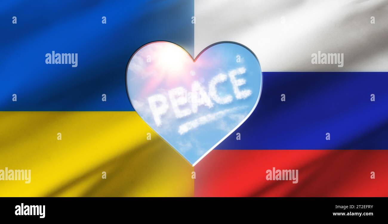 Konzept des Friedens zwischen der Ukraine und Russland mit Flaggen jedes Landes mit einem Herzen in der Mitte mit einem Himmelshintergrund mit Text. Stockfoto