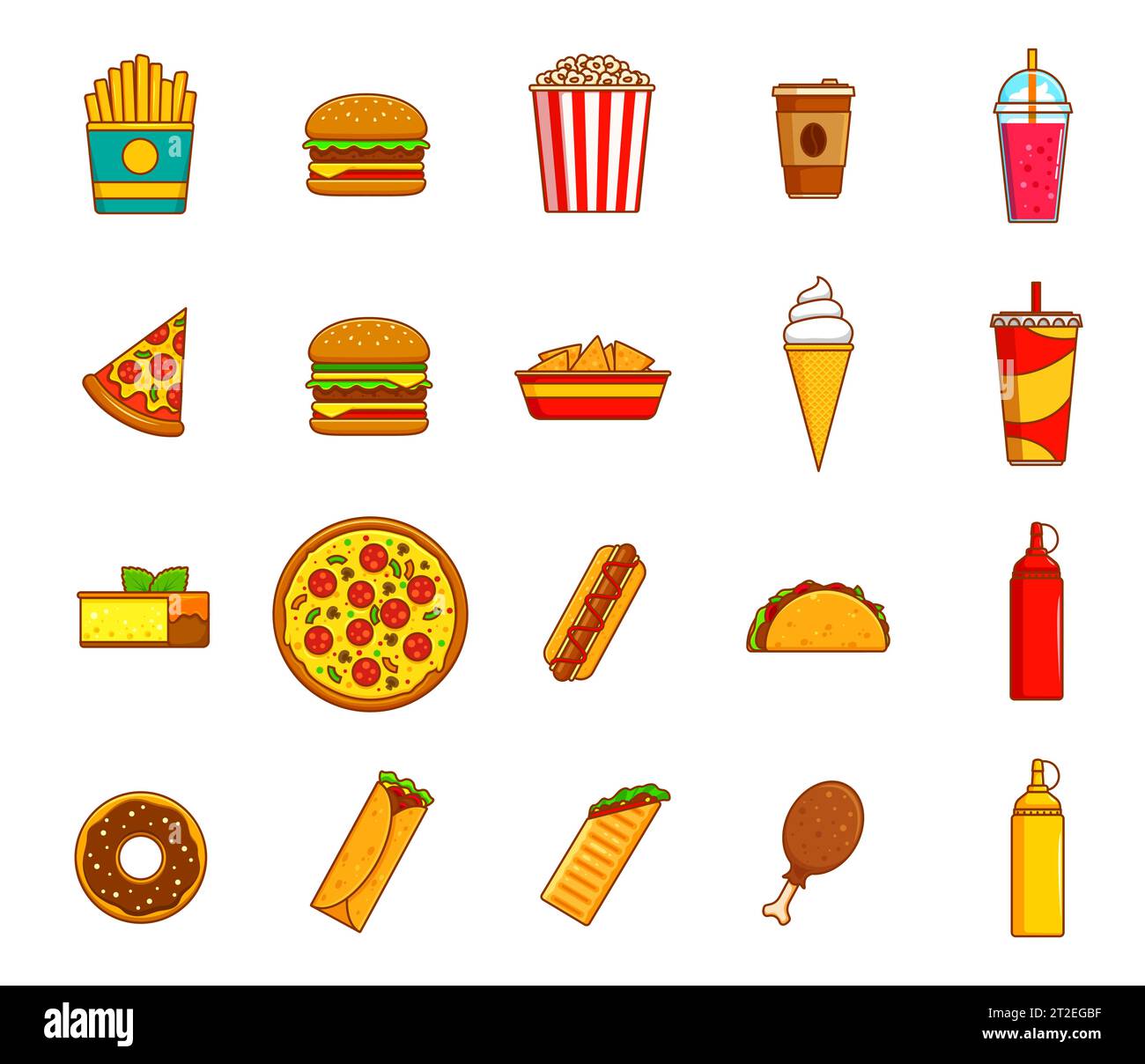 Dünne Fast Food-Symbole. Essen, Getränke, Eis und Dessertgerichte dünne Linien-Symbole oder Piktogramme Vektor-Set mit Pommes Frites, Popcorn und Taco, Limonade, Pizza, Burger Stock Vektor