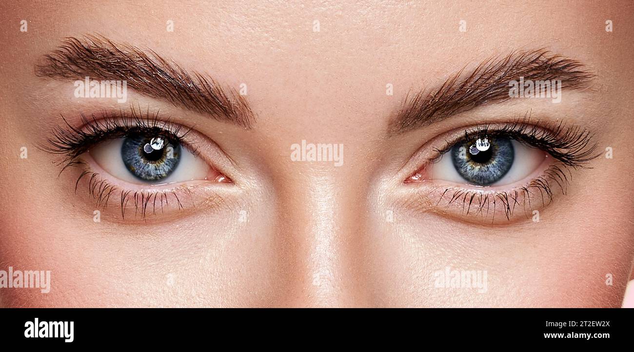 Schöne weibliche Augen mit langen Wimpern. Wimpernverlängerungen. Make-up, Kosmetik, Schönheit. Nahaufnahme, Makro Stockfoto
