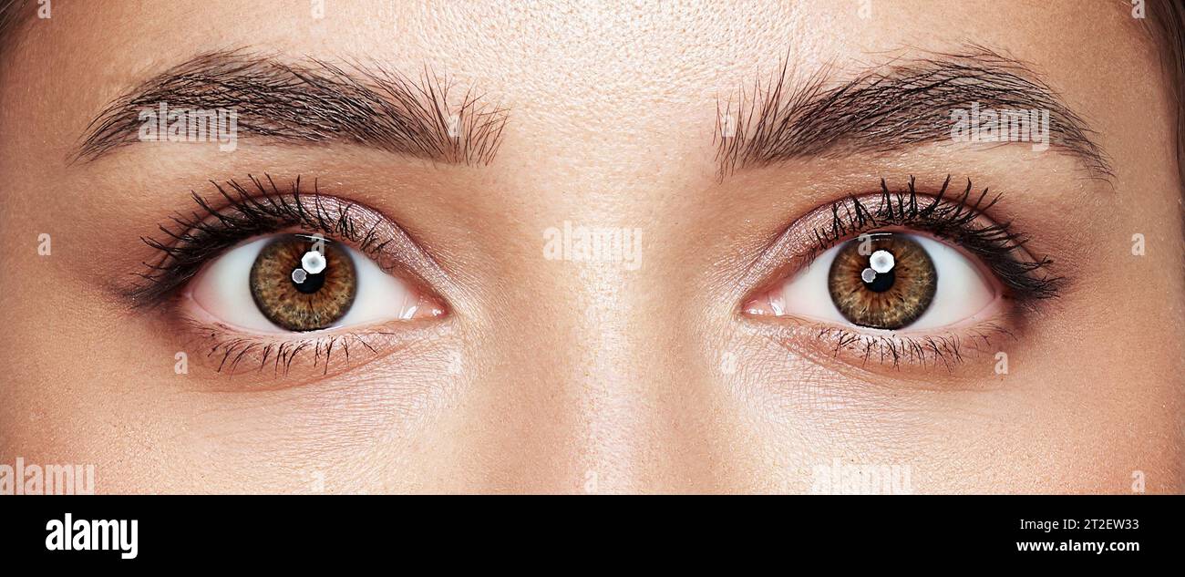 Schöne weibliche Augen mit langen Wimpern. Wimpernverlängerungen. Make-up, Kosmetik, Schönheit. Nahaufnahme, Makro Stockfoto