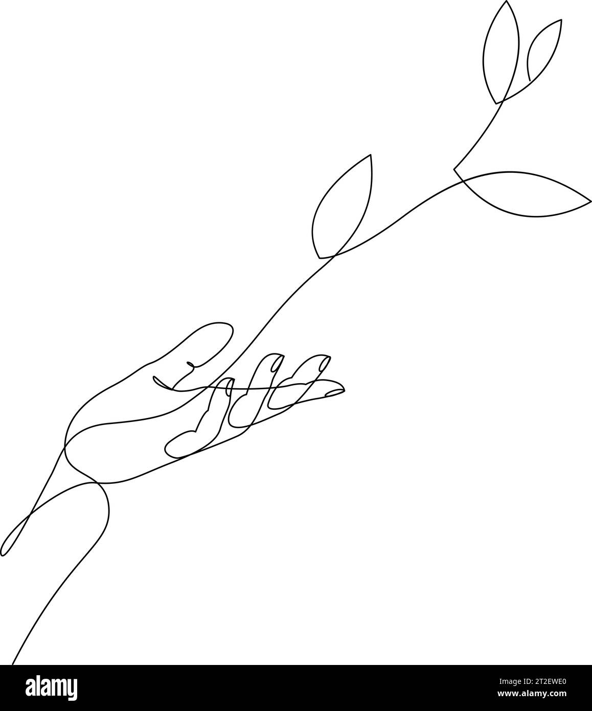 Kontinuierliche Linienzeichnung wachsender Pflanzen von Hand. Hand hält einen Zweig mit Blättern. Vektorabbildung Stock Vektor