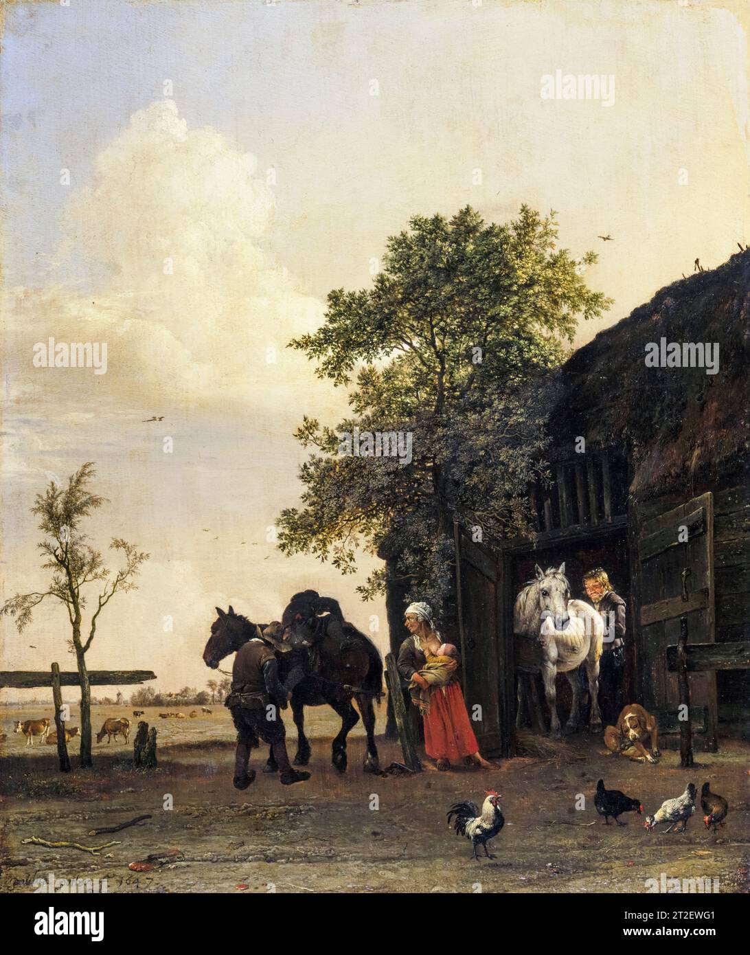 Paulus Potter, Figuren mit Pferden bei einem Stall, Ölgemälde auf Tafel, 1647 Stockfoto