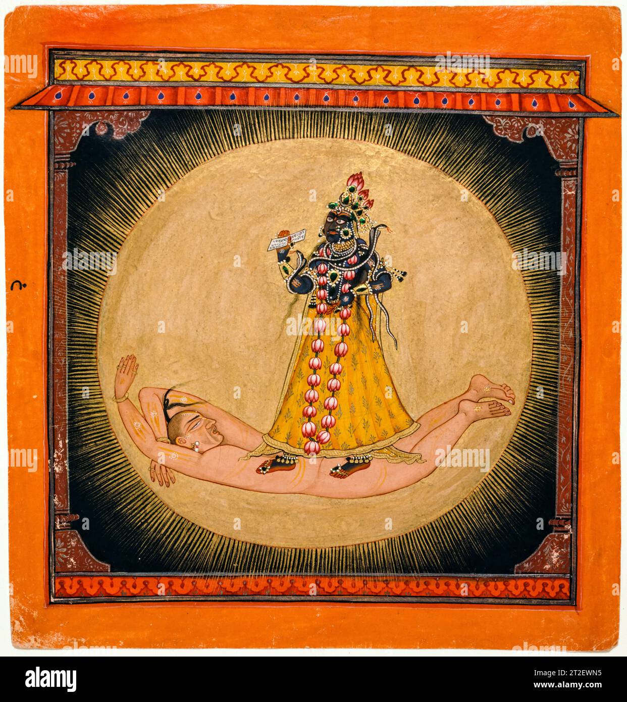 Bhadrakali in der aufgehenden Sonne, Aquarellmalerei mit Gold- und silberfarbener Metallic-Farbe und Käferflügelkästen, indische Kunst aus dem 17. Jahrhundert, 1660-1670 Stockfoto