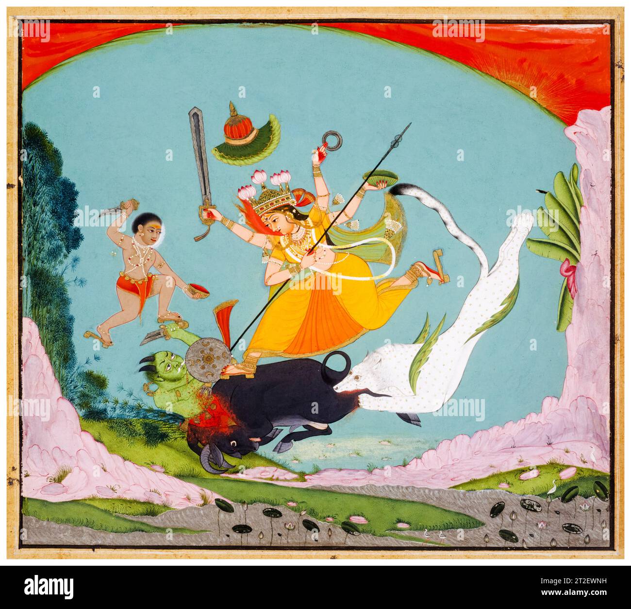 Die große Göttin Durga tötet den Büffeldämon (Mahishasuramardini), indische Aquarellmalerei aus dem 18. Jahrhundert mit Gold- und silberfarbener Metallic-Farbe um 1750 Stockfoto