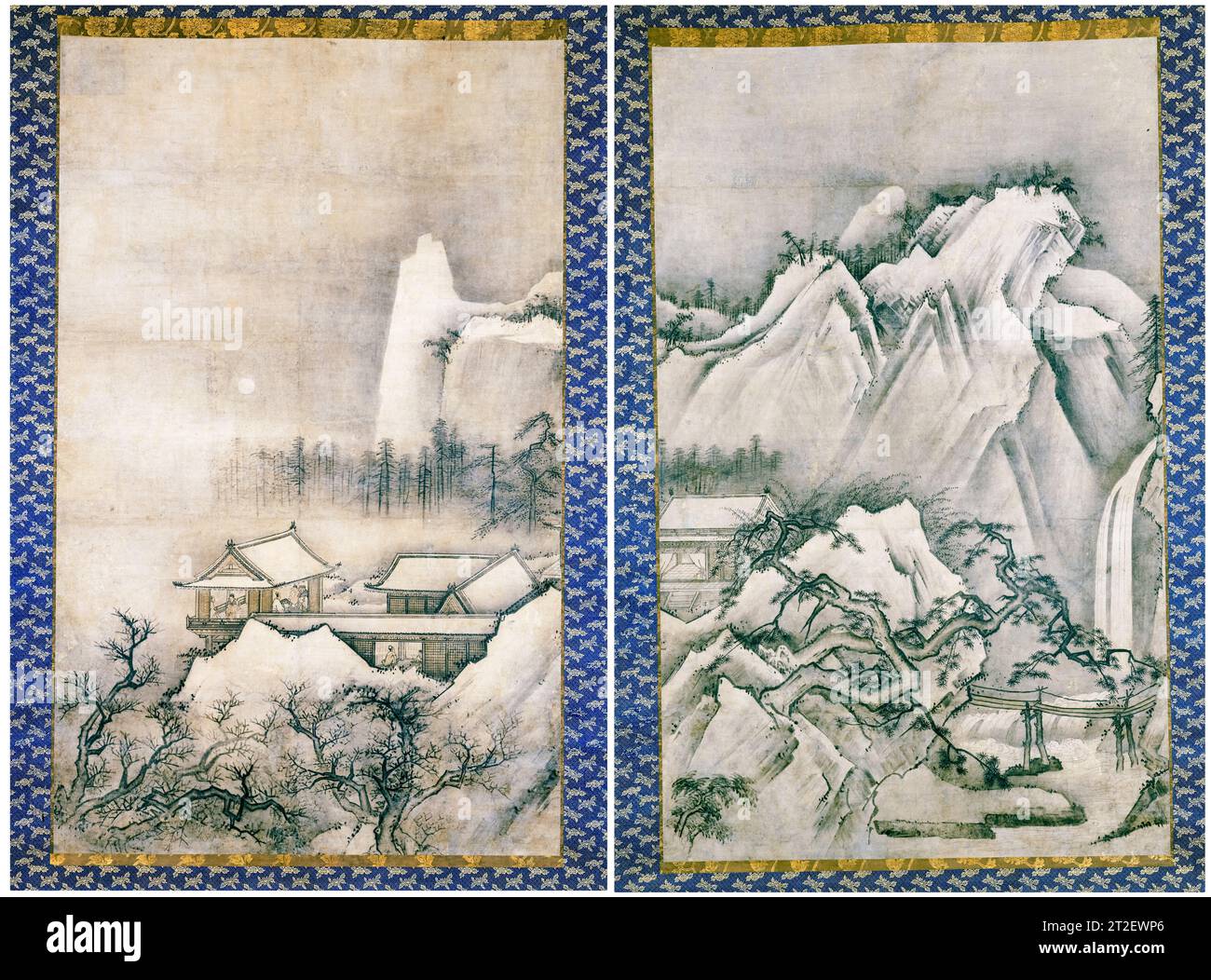 Pavillons in einer Berglandschaft, Japanische Hängebödel aus dem 16. Jahrhundert in Tusche und Farbe auf Papier, um 1550 Stockfoto