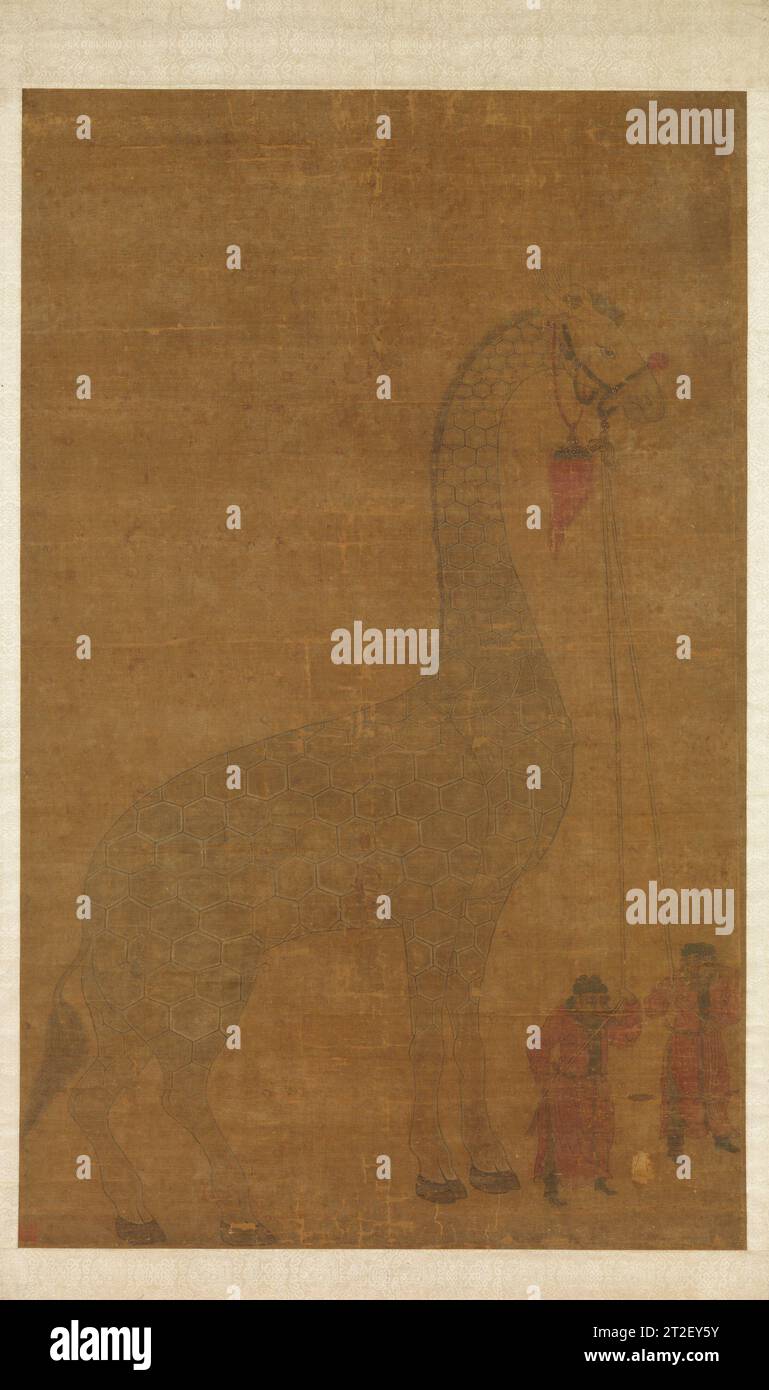 Giraffe mit zwei Hütern der unbekannten Künstlerdynastie Qing (1644–1911) 1414 wurde eine Giraffe – eine damals in China unbekannte Kreatur – dem Yongle-Kaiser (R. 1403–24) vom König von Bengalen, einem wichtigen Handelszentrum auf der Seeroute zwischen der Arabischen Halbinsel und China, übergeben. Die Chinesen assoziierten es sofort mit dem qilin, einer glückverheißenden mythischen Kreatur. Da ein qilin nur während der Herrschaft eines klugen Herrschers erscheint, komponierten Höflinge eine Reihe von sykophantischen Encomia, die die Ankunft der Giraffe als Omen feierten, das die Herrschaft des Yongle-Kaisers W legitimierte Stockfoto