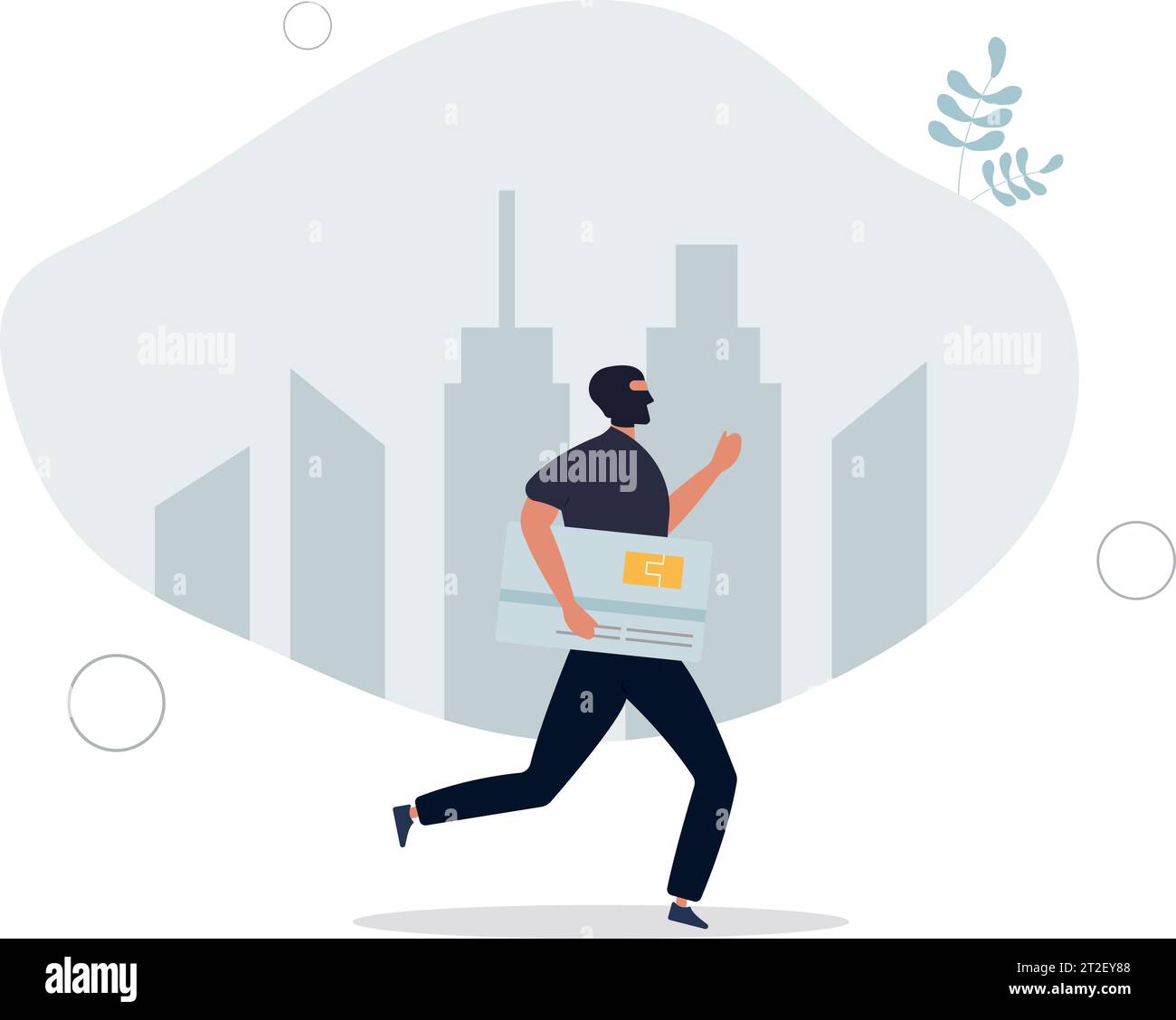 Kreditkartendiebstahl. Mann, der persönliche Daten und Identität in der Bank stiehlt, Kriminelle, die die Stadt herunterfahren. Stock Vektor