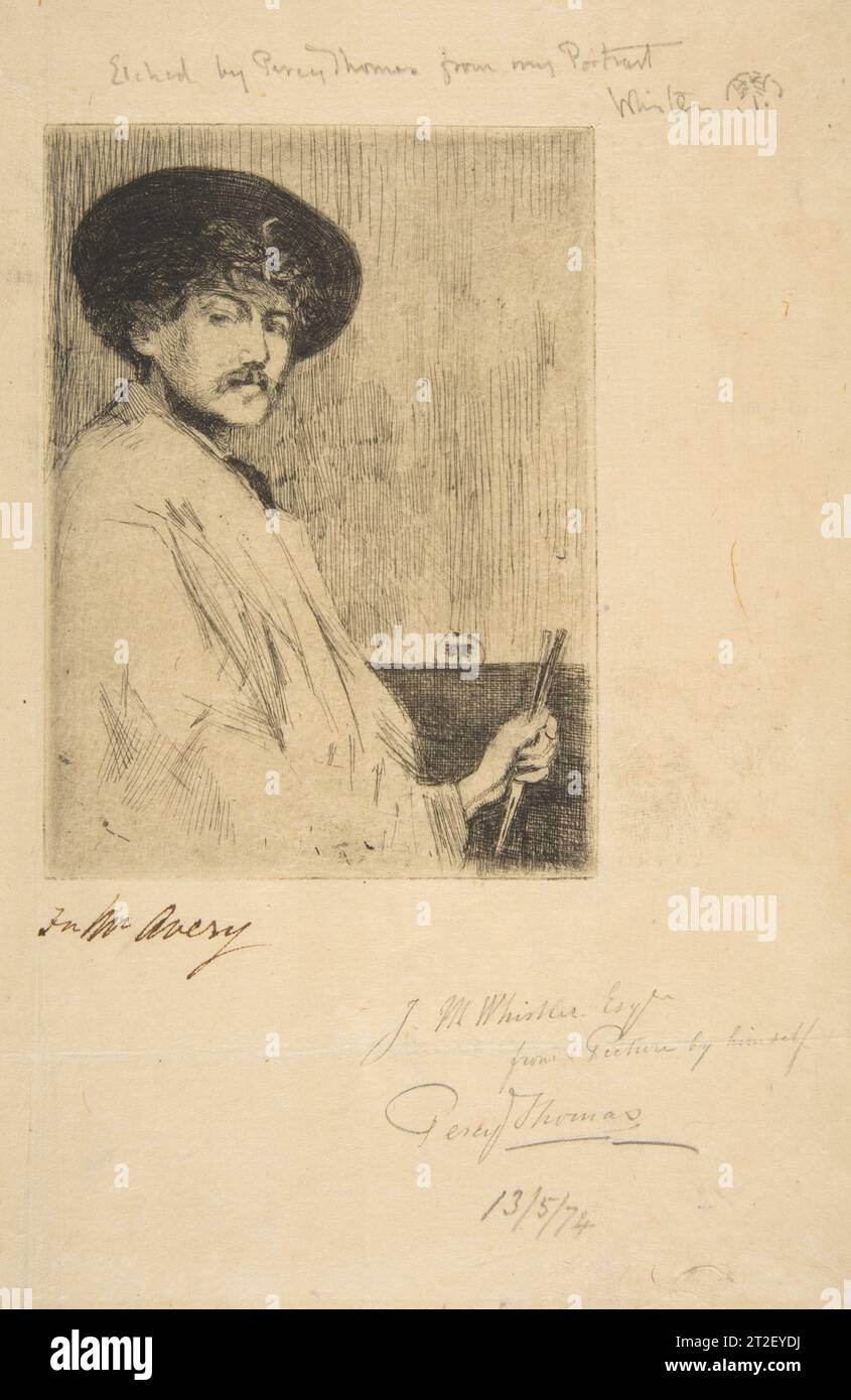 James McNeill Whistler Etcher Percy Thomas British nach James McNeill Whistler amerikanischer Sitter James McNeill Whistler American 1874 Percy Thomas basiert auf einem Whistler-Selbstporträt, Arrangement in Grey: Portrait of the Painter, CA. 1872 (Detroit Institute of Arts). Der Druck wurde als Frontispiece für den ersten Katalog von Whisters Radierungen erstellt, der 1874 in London von Ralph Thomas, dem Bruder des Radiers, veröffentlicht wurde. Mit einem Smock und breiter Krempe hält das Motiv zwei Bürsten und wird durch sein Schmetterlingszeichen am Rand des Dads hinter seiner Schulter identifiziert. Ein insc Stockfoto