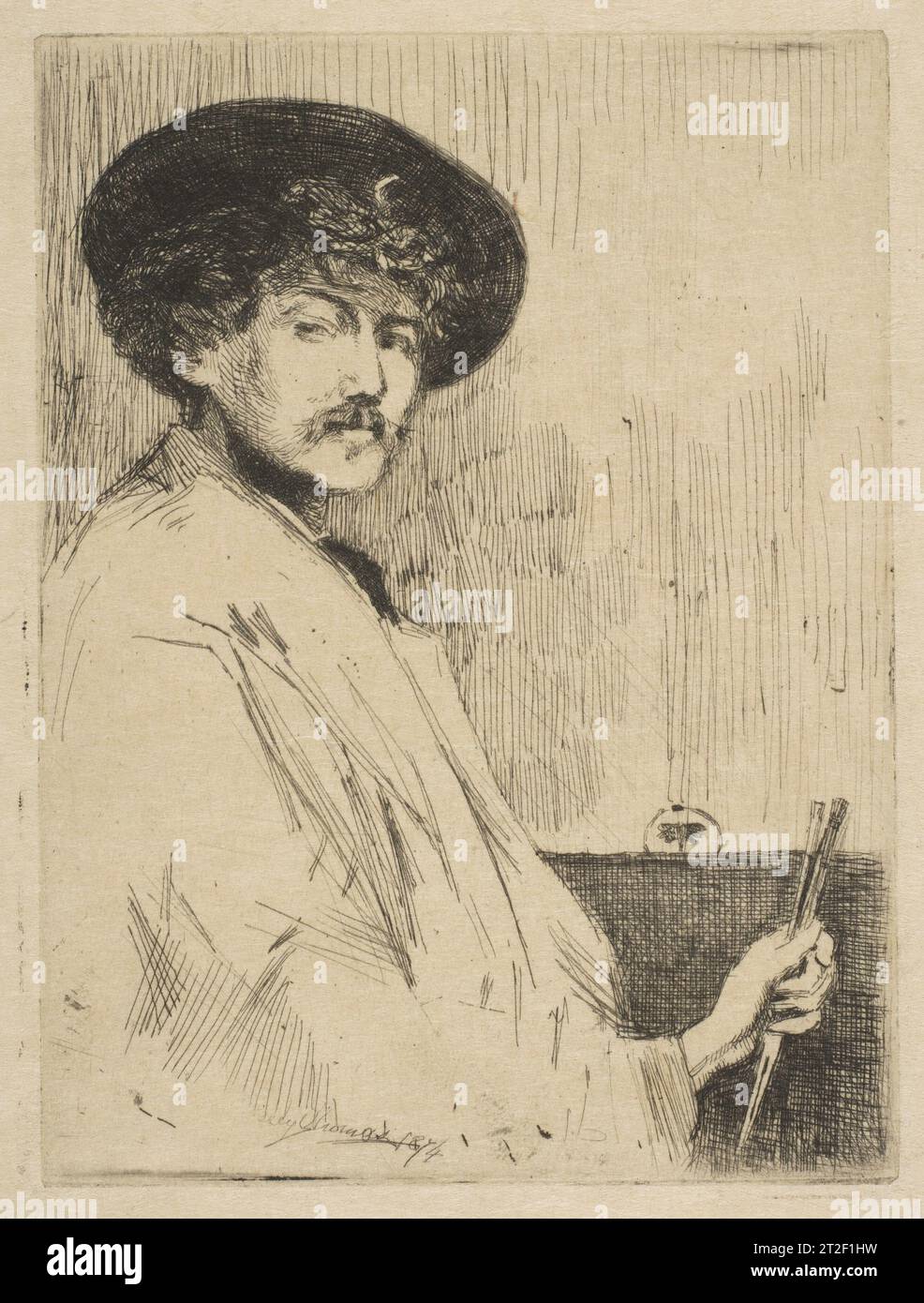 James McNeill Whistler Etcher Percy Thomas British nach James McNeill Whistler amerikanischer Sitter James McNeill Whistler American 1874 Percy Thomas basiert auf einem Whistler-Selbstporträt, Arrangement in Grey: Portrait of the Painter, CA. 1872 (Detroit Institute of Arts). Der Druck wurde als Frontispiece für den ersten Katalog von Whisters Radierungen erstellt, der 1874 in London von Ralph Thomas, dem Bruder des Radiers, veröffentlicht wurde. Mit einem Smock und breiter Krempe hält das Motiv zwei Bürsten und wird durch sein Schmetterlingszeichen am Rand des Dads hinter seiner Schulter identifiziert. Stockfoto