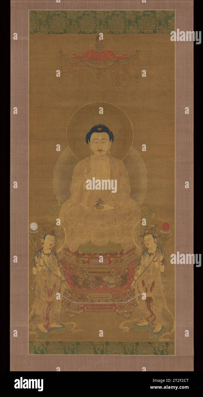 Trias des Medizinmeisters Buddha Yakushi (Bhaisajya Buddha) Unbekannter Künstler des 17. Oder 18. Jahrhunderts dieses Gemälde zeigt eine seltene japanische gemalte Darstellung von Yakushi (Sanskrit: Bhaisajyaguru), dem Medizinmeister Buddha, eine Ikonographie, die in Japan durch Skulpturen besser bekannt ist. Der zentrale Buddha wird gemeinhin als Yakushi-Triaden bezeichnet und wird mit zwei Anhängern gezeigt: Nikk? (Suryaprabha), der Bodhisattva der Sonne (rechts) und Gakk? (Candraprabha), der Bodhisattva des Mondes (links). Hier ist Yakushi als zentrale Figur der Anbetung deutlich größer als die Bodhisattvas. Stockfoto