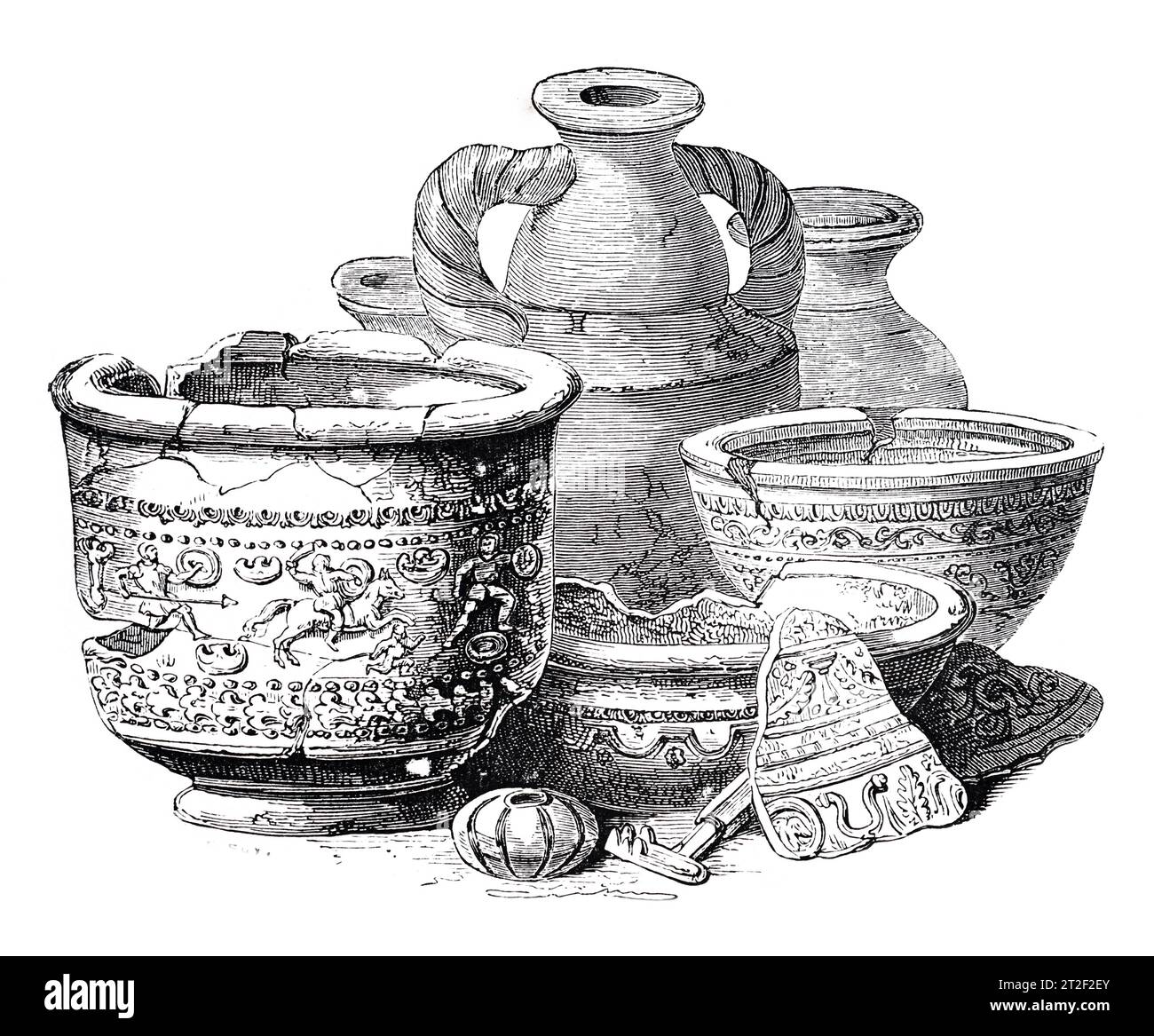 Urnen, Vasen, Schlüssel, Perlen und Fragment der Keramik, gefunden in Lombard Street 1785. Black-and-White-Illustration aus dem „Old England“, veröffentlicht von James Sangster im Jahr 1860. Stockfoto