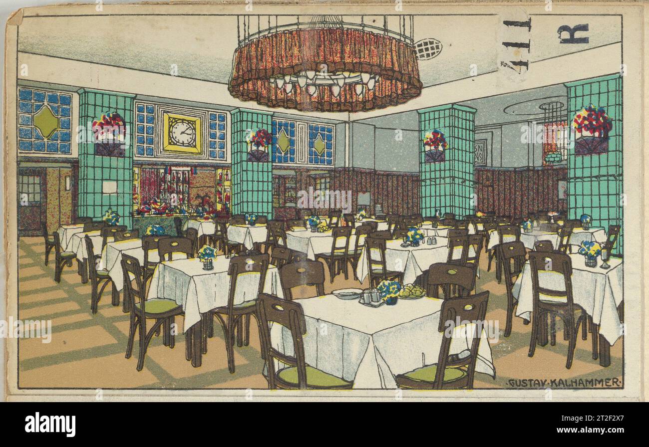 Nationalbahnhof Restaurant, Wien X, Josef Pohl (Restaurant Staatsbahnhof, Wien X, Josef Pohl) Gustav Kalhammer österreichischer Verlag Wiener Werkstätte 1911 Stockfoto