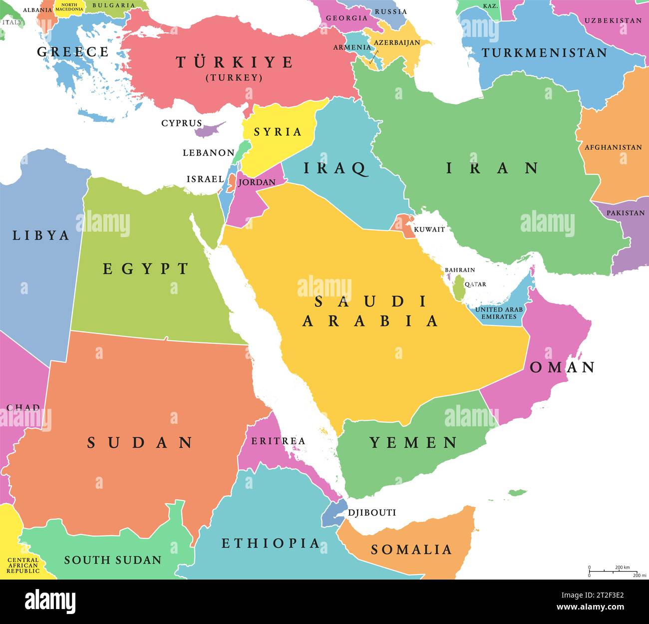 Naher Osten, farbige Länder, politische Karte mit internationalen Grenzen. Geopolitische Region, früher bekannt als Naher Osten. Stockfoto