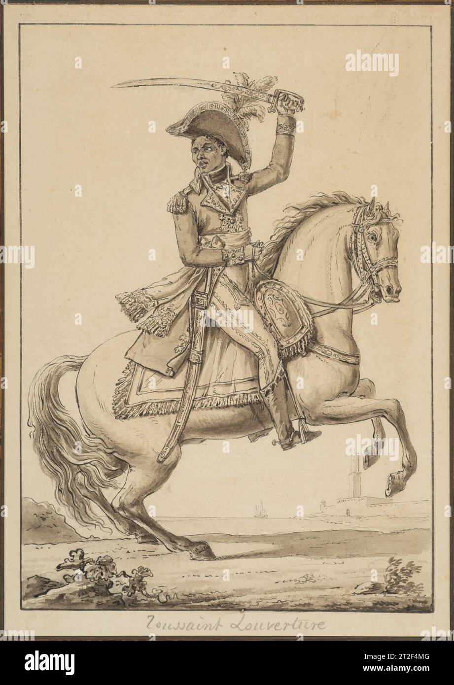 Toussaint Louverture auf dem Pferd Claude Louis Desrais französischer Sitter Toussaint Louverture Haitian CA. 1802 diese detailgetreue Tusche- und Waschzeichnung wurde erst kürzlich ans Licht gebracht und Claude Louis Desrais auf der Rückseite zugeschrieben. Die Identität des Themas als Toussaint Louverture (ca. 1743–1803) ist bekannt aus der Inschrift auf der Zeichnung sowie aus der Inschrift auf dem zugehörigen Druck, die Pierre Jean veröffentlichte, ein Werk, das bis heute als nach einer anonymen Zeichnung betrachtet wurde. Toussaint-Louverture entwickelte sich während der weit verbreiteten Aufstände der versklavten Menschen in Saint-Domingue (nein Stockfoto