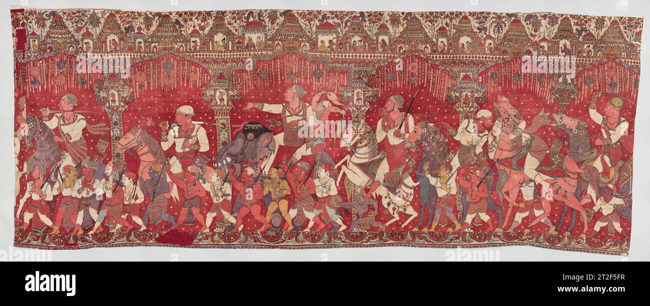 König Tirumala Nayaka in Prozession Indien 1640–50 das außergewöhnlich bemalte Baumwolltextil ist ein visuelles Tableau des Hoflebens aus dem 17. Jahrhundert aus dem Nayaka-Königreich Südindien. Es diente als Schutzschirm, als der Patron, ein Nayaka-Herrscher und seine Höflinge, im Feldzug waren und zweifellos bei anderen Gelegenheiten innerhalb und außerhalb des Hofes. Die architektonischen Arkaden aus Kolonnaden und Kuppelbögen erinnern an die erhaltene Nayaka-Palastarchitektur. Die unkonventionelle Komposition wurde zweifellos vom Mäzen so gestaltet, dass sie seine besondere Vision vom Hofleben widerspiegelt. Mehr anzeigen. König Tirumala Naya Stockfoto