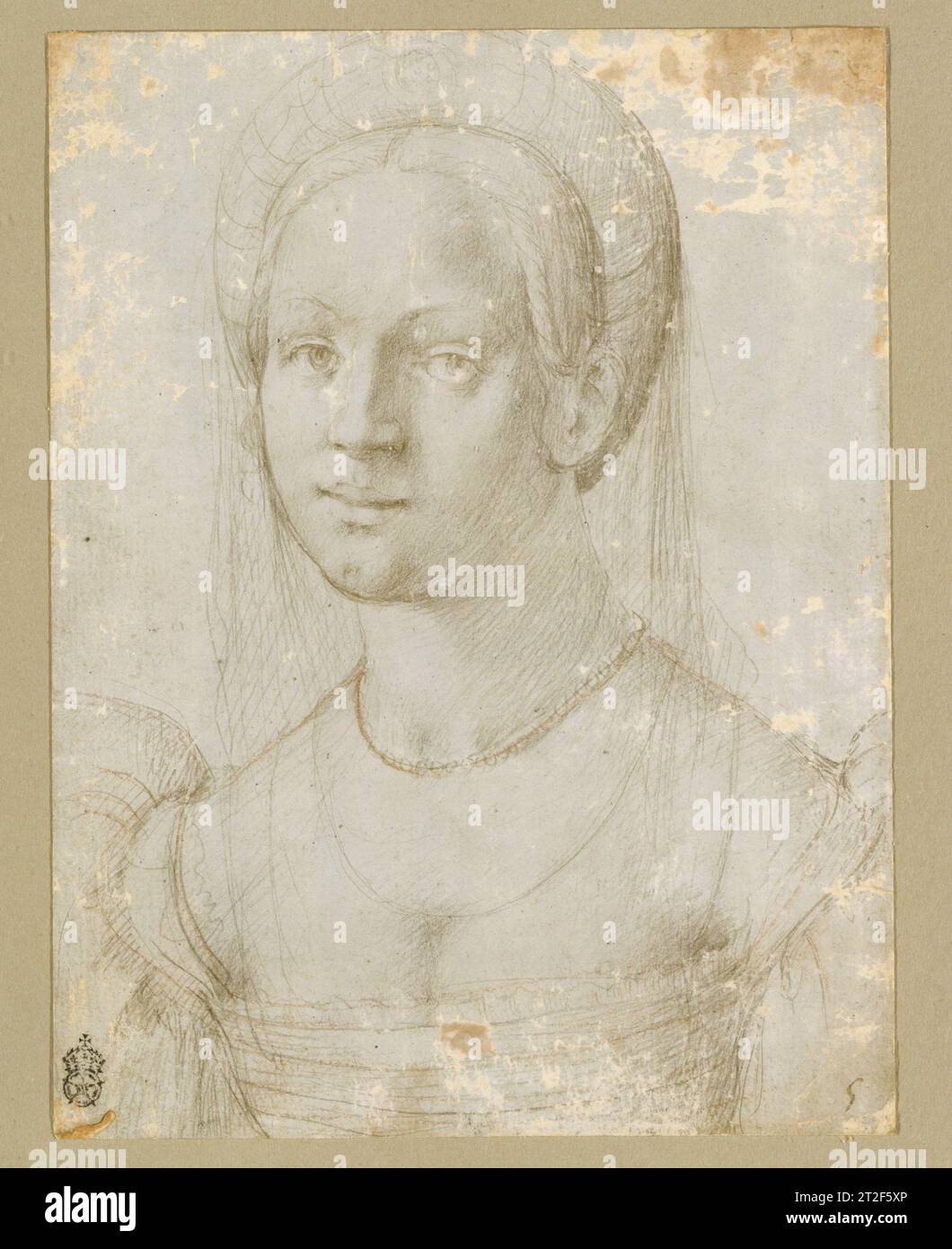 Porträt einer jungen Frau, zugeschrieben von Pier Francesco Foschi (Pier Francesco Toschi) Florenz 1520–39 diese filigrane Studie für ein Porträt einer Frau, die direkt auf den Betrachter blickt, kann auf das frühe 16. Jahrhundert datiert werden, basierend auf dem Stil ihrer Kleidung. Ähnliche Kopfbedeckungen und Kleidungsstücke mit quadratischem Oberteil und Puffärmeln erscheinen in Florentiner Porträts dieser Zeit. Die Zeichnung wurde mit der Schule der manieristischen Maler Pontormo und Rosso Fiorentino in Verbindung gebracht und könnte von Pier Francesco Foschi ausgeführt worden sein, der, zusammen mit diesen beiden Meistern, dies war Stockfoto