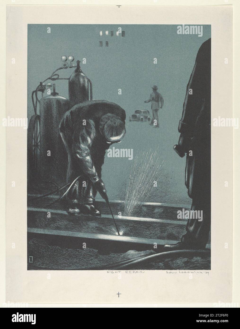 Nachtreparaturen Louis Lozowick American, geboren in der Ukraine veröffentlicht von WPA 1939 Lohnarbeiter wurden häufig von politisch geneigten Künstlern dargestellt, die ihre Solidarität mit ihrem Kampf zum Ausdruck brachten, aber im Laufe der Zeit breitete sich das Interesse an dem Thema auf Künstler aus, die keine starken politischen Bindungen besaßen. Arbeiterszenen wurden in Druckgrafiken der dreißiger Jahre allgegenwärtig, vor allem unter denen, die in den Federal Art Project Printshops arbeiteten. Mit neuen, experimentellen Techniken für Farblithografie und Siebdruck erstellten die Druckmacher Bilder von Arbeitern, die Bohrer, Fackeln und andere Werkzeuge von zentraler Bedeutung für städtische Konstr Stockfoto