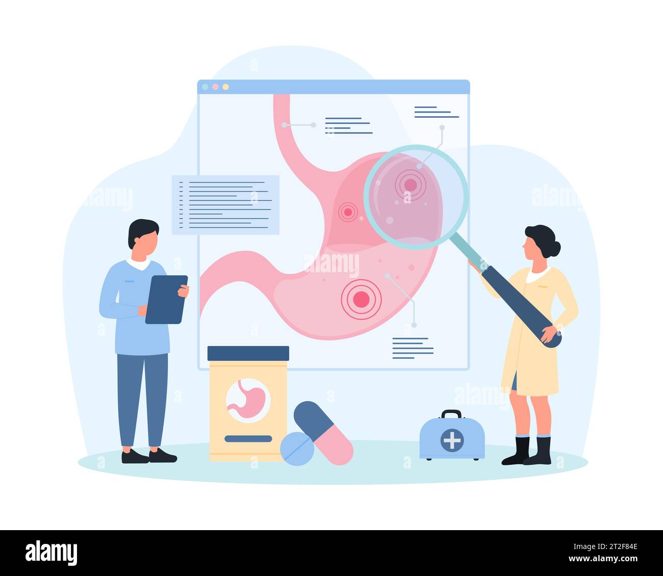 Untersuchung der Magenkrankheitsvektorillustration. Cartoon winzige Ärzte mit Lupe Forschung Mageninfografik, Menschen analysieren Warnsymptome für Diagnose und medizinische Therapie Stock Vektor