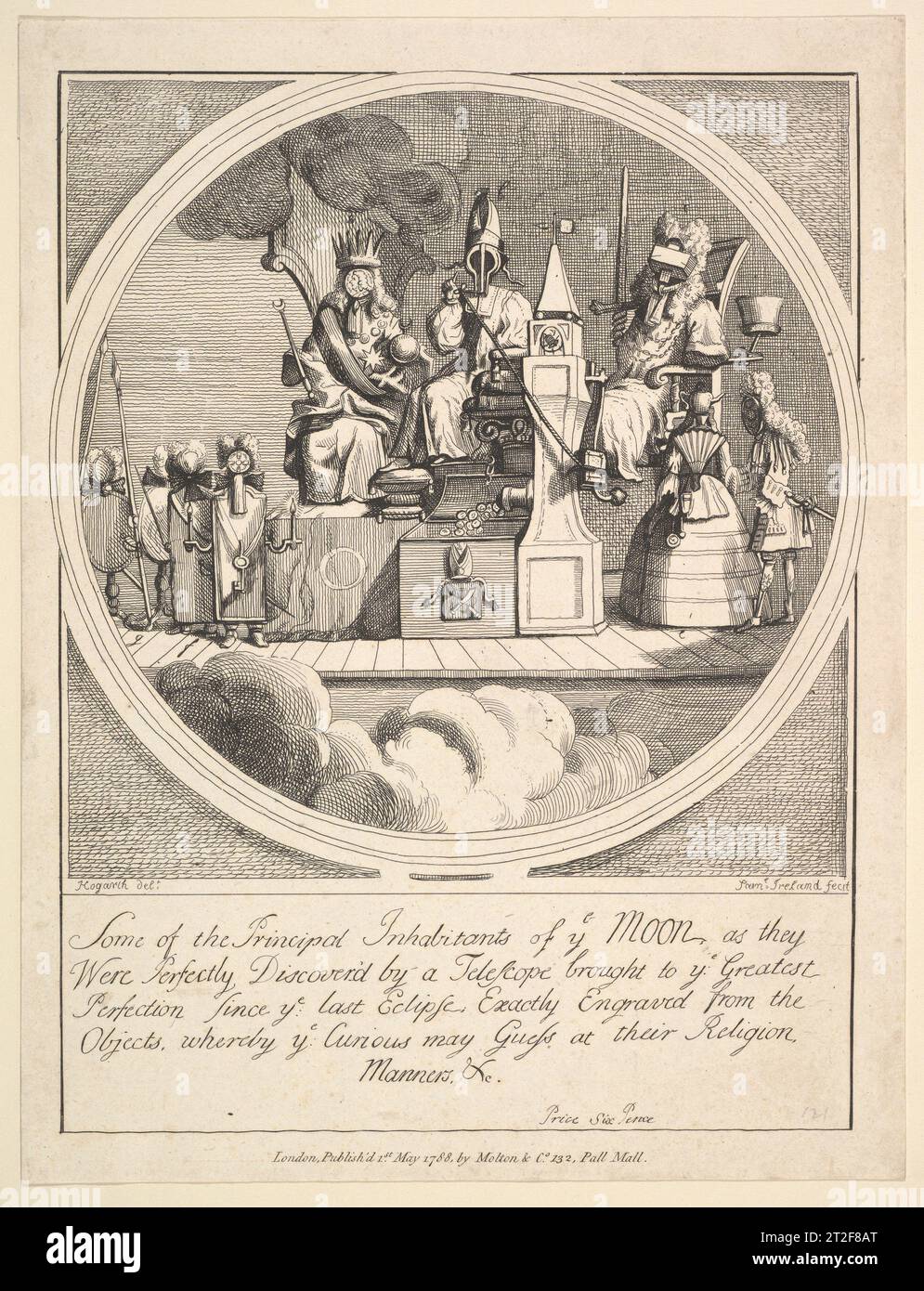 Einige der Hauptbewohner des Mondes, wie sie von einem Teleskop entdeckt wurden... Kupferstecher Samuel Ireland British nach William Hogarth britischer Verleger Molteno and Co. Großbritannien 1. Mai 1788 Stockfoto