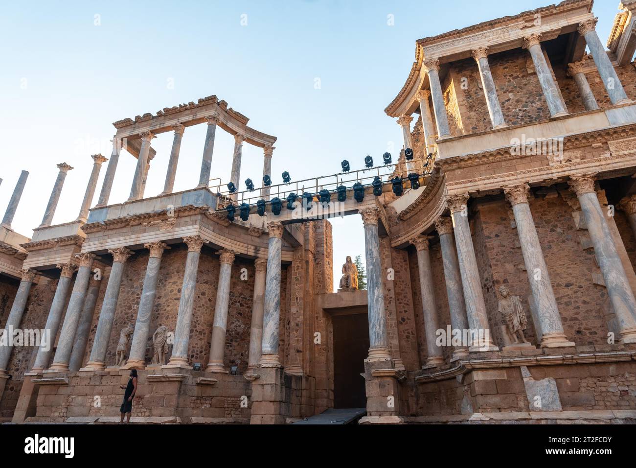 Römische Ruinen von Merida, Blick auf die Säulen des römischen Theaters. Extremadura, Spanien Stockfoto