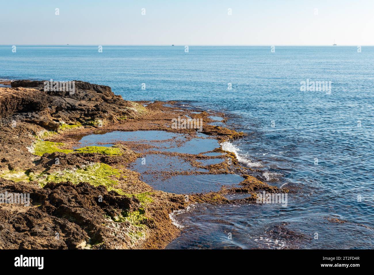 Kostbare Felsen am Meer in der Küstenstadt Torrevieja, Alicante, Valencianische Gemeinschaft. Spanien, Mittelmeer an der Costa Blanca Stockfoto