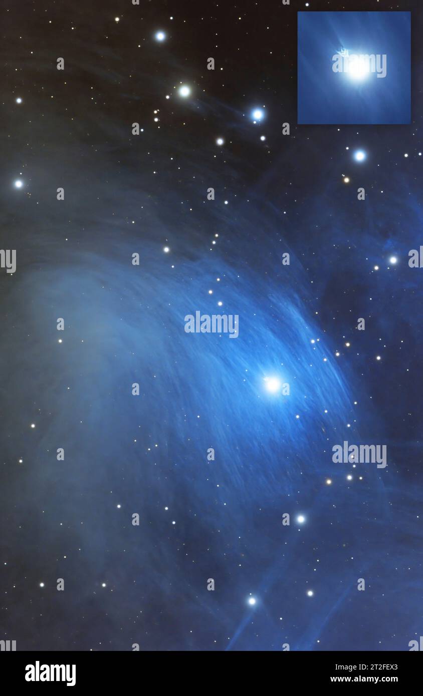 Der Meropennebel NGC 1435 und die umgebende Nebeldichte im Sternhaufen Pleiades. Stockfoto