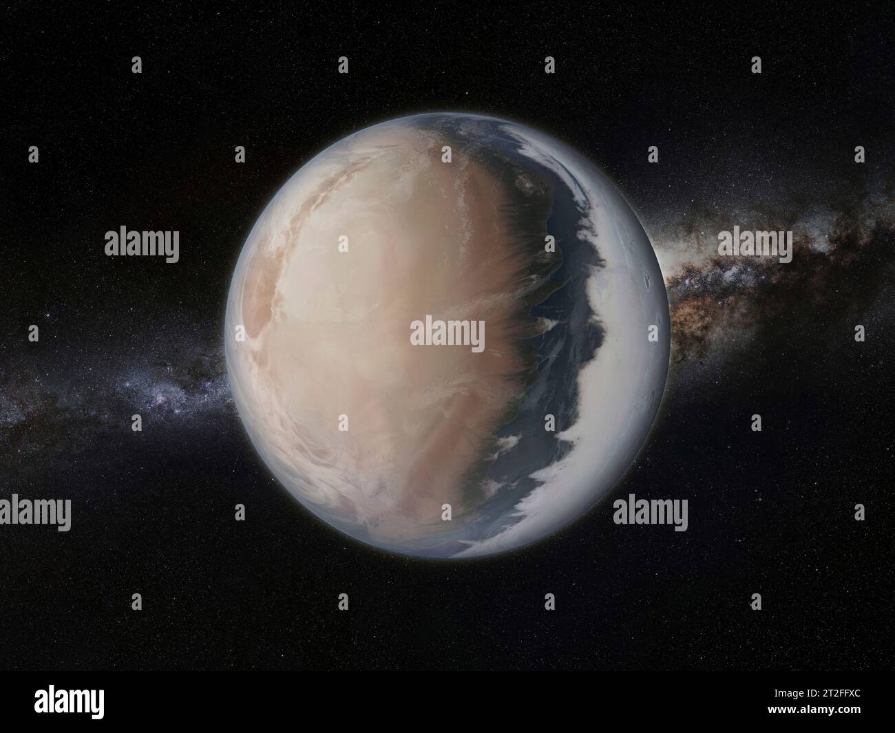 Künstlerische Darstellung eines Augapfelplaneten mit einer gemäßigten Zone um die Abschlusslinie. Stockfoto