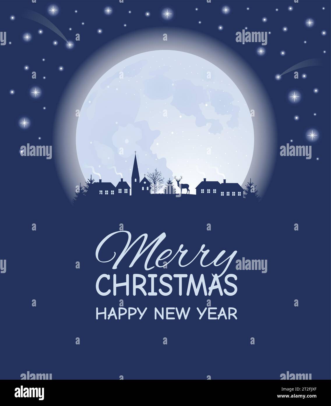 Silhouette eines kleinen Dorfes zur Winterzeit in der Nacht. Der Mond und die Sterne am Himmel. Stock Vektor