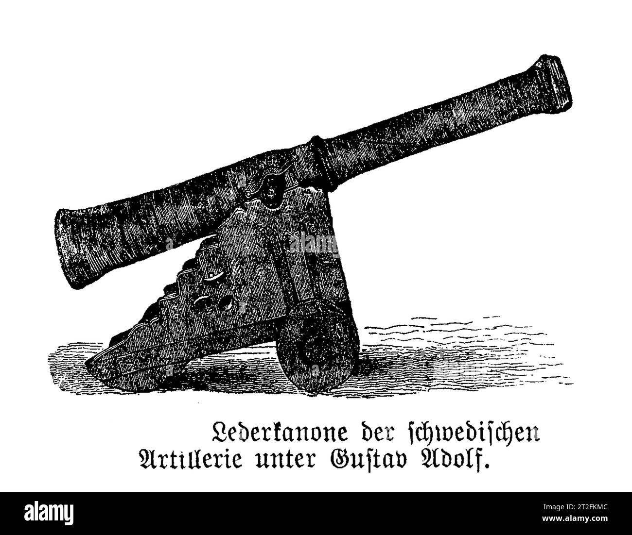 Lederkanone, benannt nach der Schutzlackoberfläche, eine neue leichte und billige Kanone, die von der schwedischen Armee von Gustav II. Adolph, König von Schweden im 17. Jahrhundert verwendet wurde, mit unzuverlässigen Ergebnissen. Stockfoto