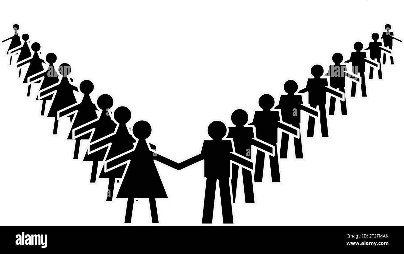 Silhouetten von Männern und Frauen, die Hände in einem V auf weißem Hintergrund und Textplatzierung halten Stockfoto