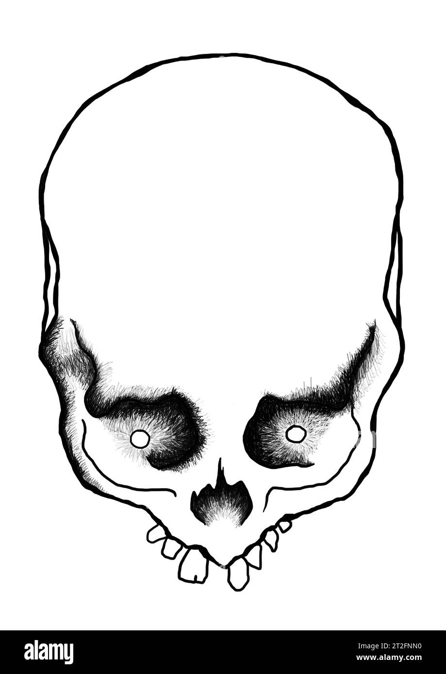 Schädel und gekreuzte Knochen, Schädel mit abgebrochenen Zähnen. Abbildung, schwarz-weiße Bleistiftzeichnung Stockfoto