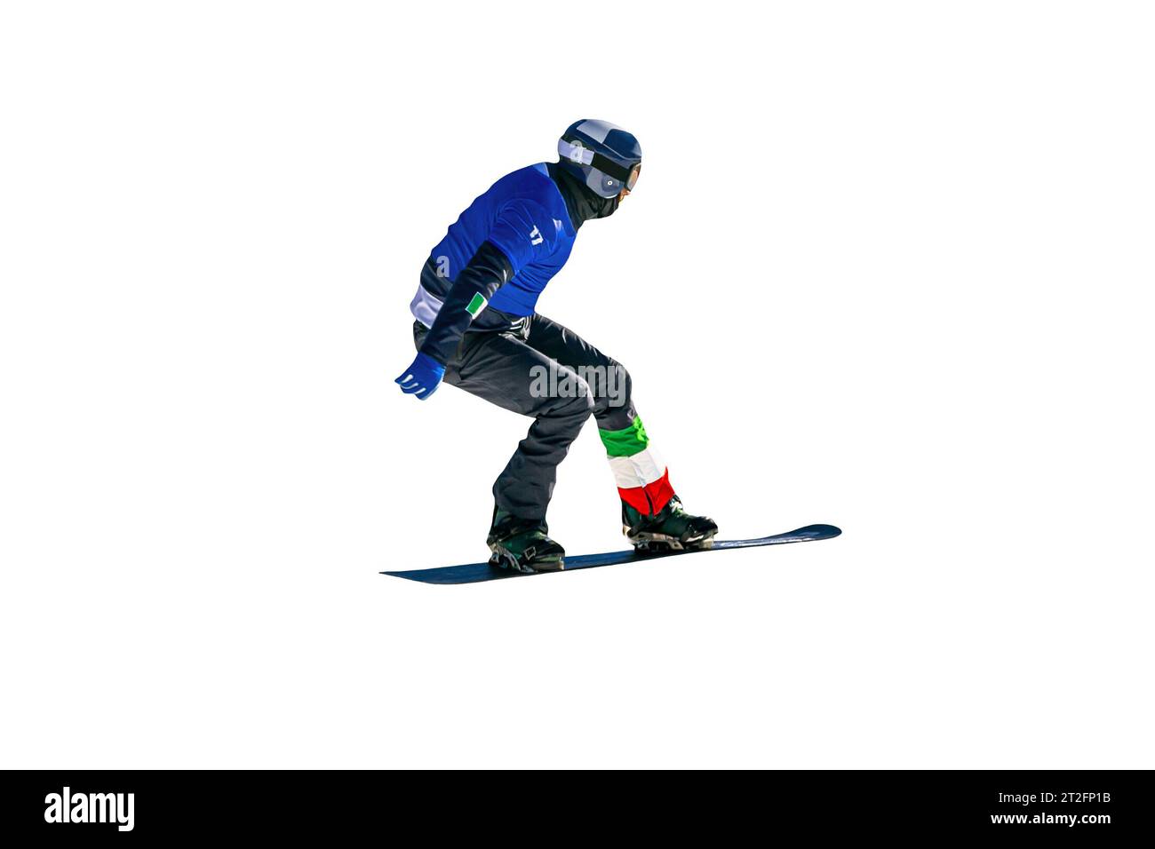 Männliche italienische Snowboarder springen Tropfen im Snowboardwettbewerb isoliert auf weißem Hintergrund Stockfoto