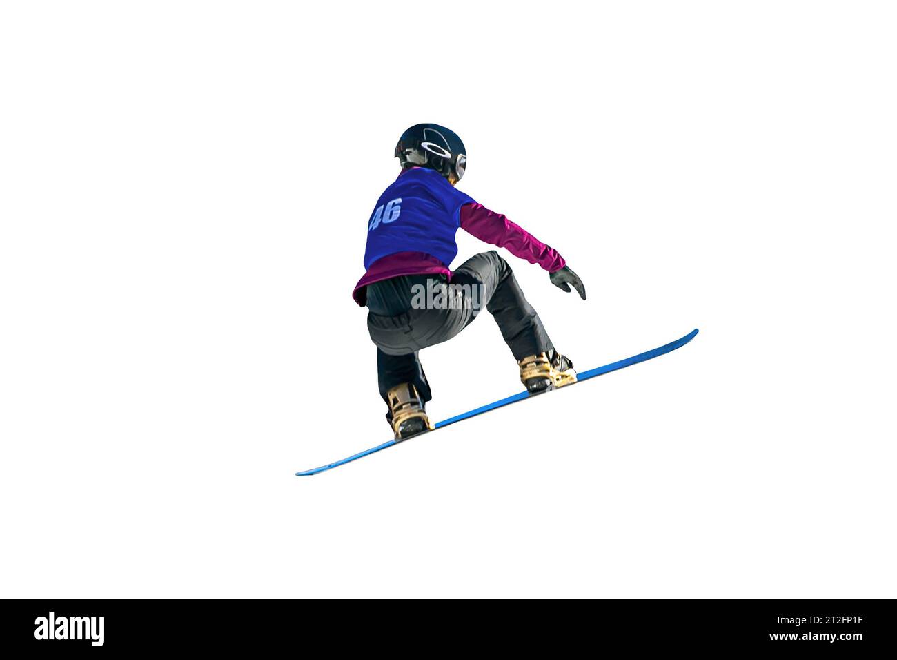 Weibliche Snowboarderinnen springen Tropfen in Snowboardwettbewerben isoliert auf weißem Hintergrund Stockfoto
