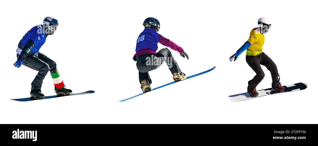 Stellen Sie Frau und Mann Snowboarder, die Tropfen beim Snowboarden springen, isoliert auf weißem Hintergrund Stockfoto