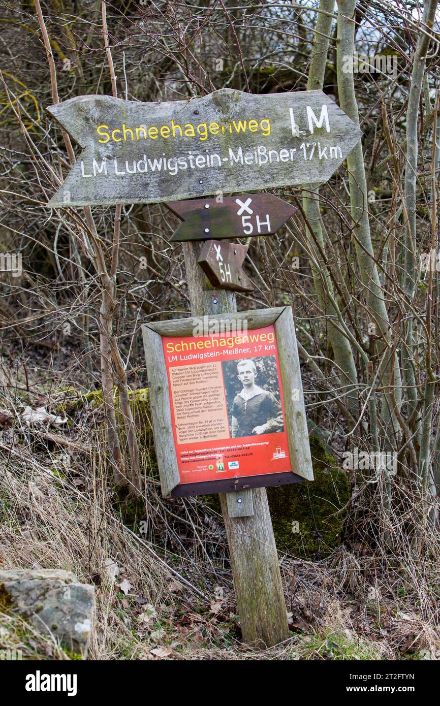 Memory Board am Christian-Schneehagen-Weg, Schloss Ludwigstein, bei Werleshausen, Werra-Meißner-Kreis, Hessen, Deutschland, Europa Stockfoto
