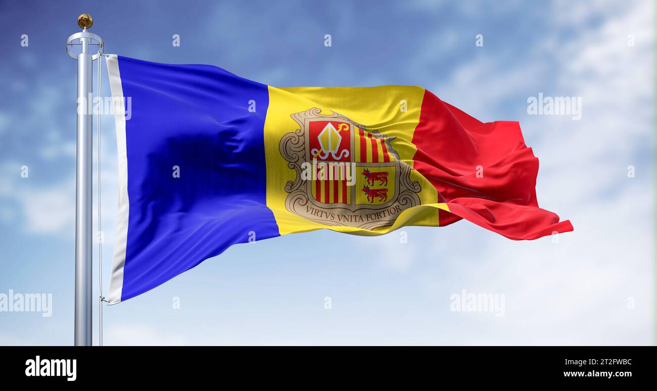 Die Flagge des Fürstentums Andorra, die an klaren Tagen im Wind winkt. Vertikale blau-gelb-rote Streifen mit Wappen in der Mitte. 3D Illustration Stockfoto