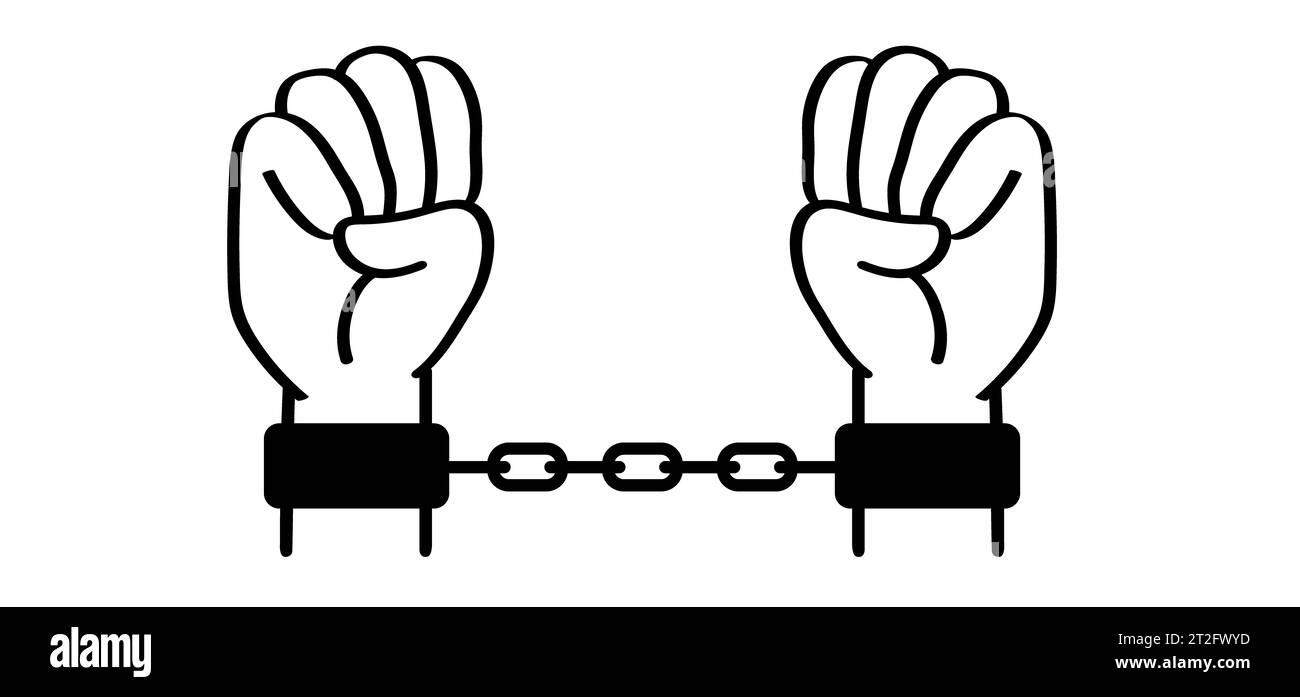 Verhaftung. Kette der Sklaverei, Hand in Handschellen. Gebrochene, gekettete, Handschellen gefesselte Hände. Sklaveneisen, Gefangener, Probleme, Sträfling, Freiheit, Schulden, sucht libe Stockfoto