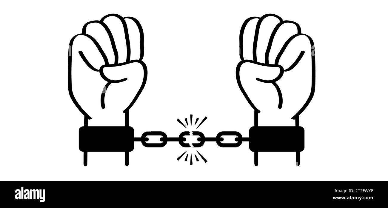 Verhaftung. Kette der Sklaverei, Hand in Handschellen. Gebrochene, gekettete, Handschellen gefesselte Hände. Sklaveneisen, Gefangener, Probleme, Sträfling, Freiheit, Schulden, sucht libe Stockfoto