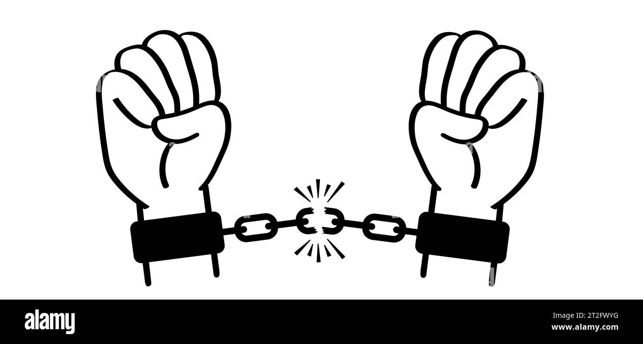 Verhaftung. Kette der Sklaverei, Hand in Handschellen. Gebrochene, gekettete, Handschellen gefesselte Hände. Sklaveneisen, Gefangener, Probleme, Sträfling, Freiheit, Schulden, sucht libe Stockfoto