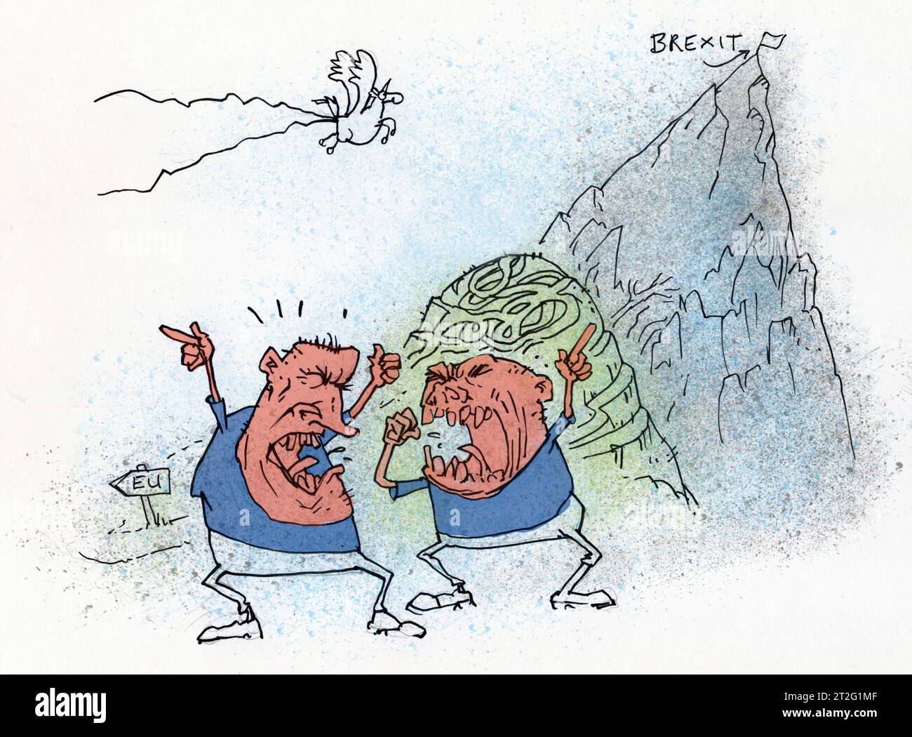 Cartoon-Satire, 2 Männer streiten sich, mit Brexit-Berg der Lügen und fliegenden Einhorn über dem Kopf, was die anhaltenden Brexit-Divisionen und falsch verkauften Erwartungen veranschaulicht. Stockfoto