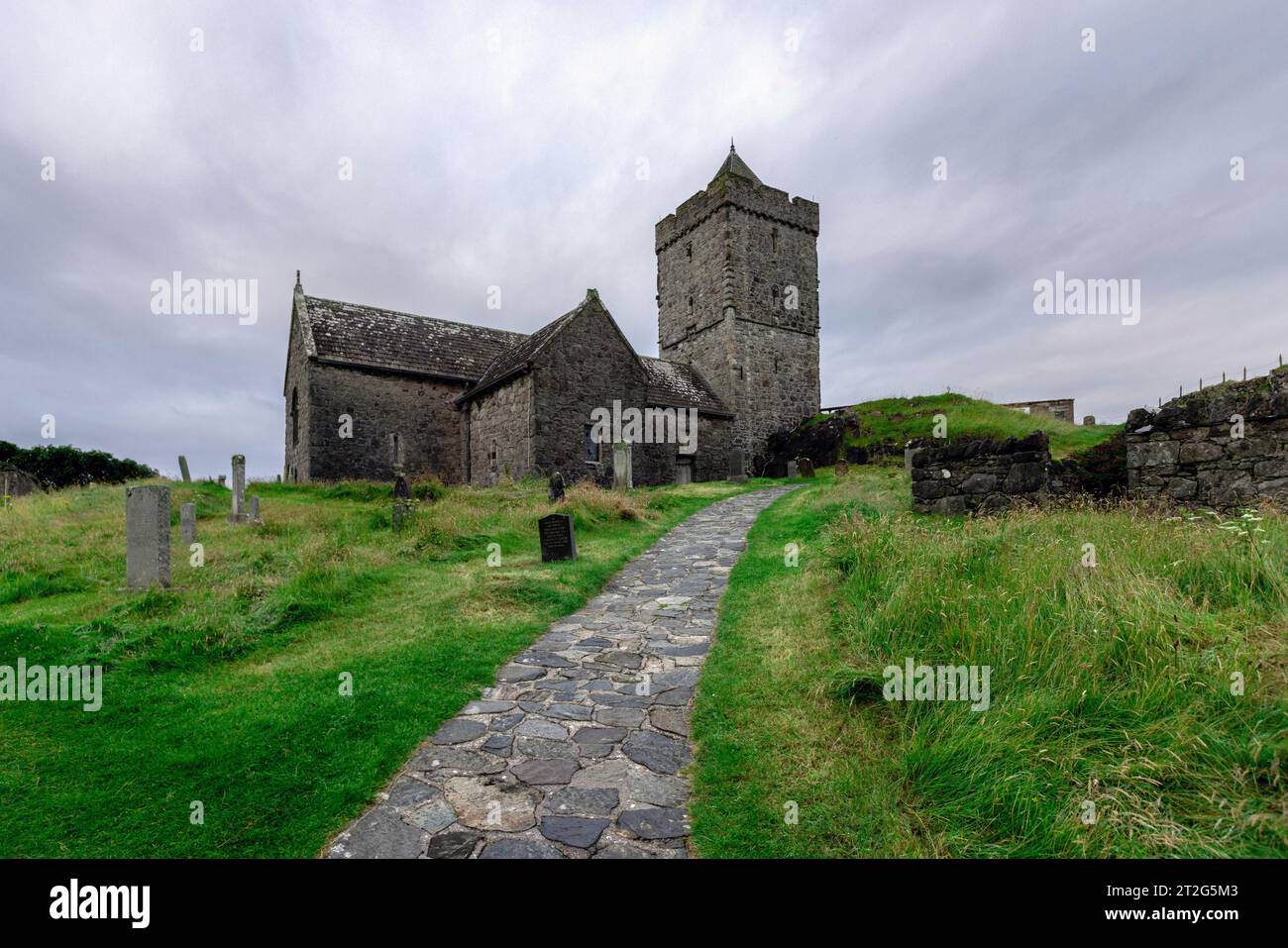 Die St. Clemens Church in Rodel, Isle of Harris, ist eine mittelalterliche Kirche. Stockfoto